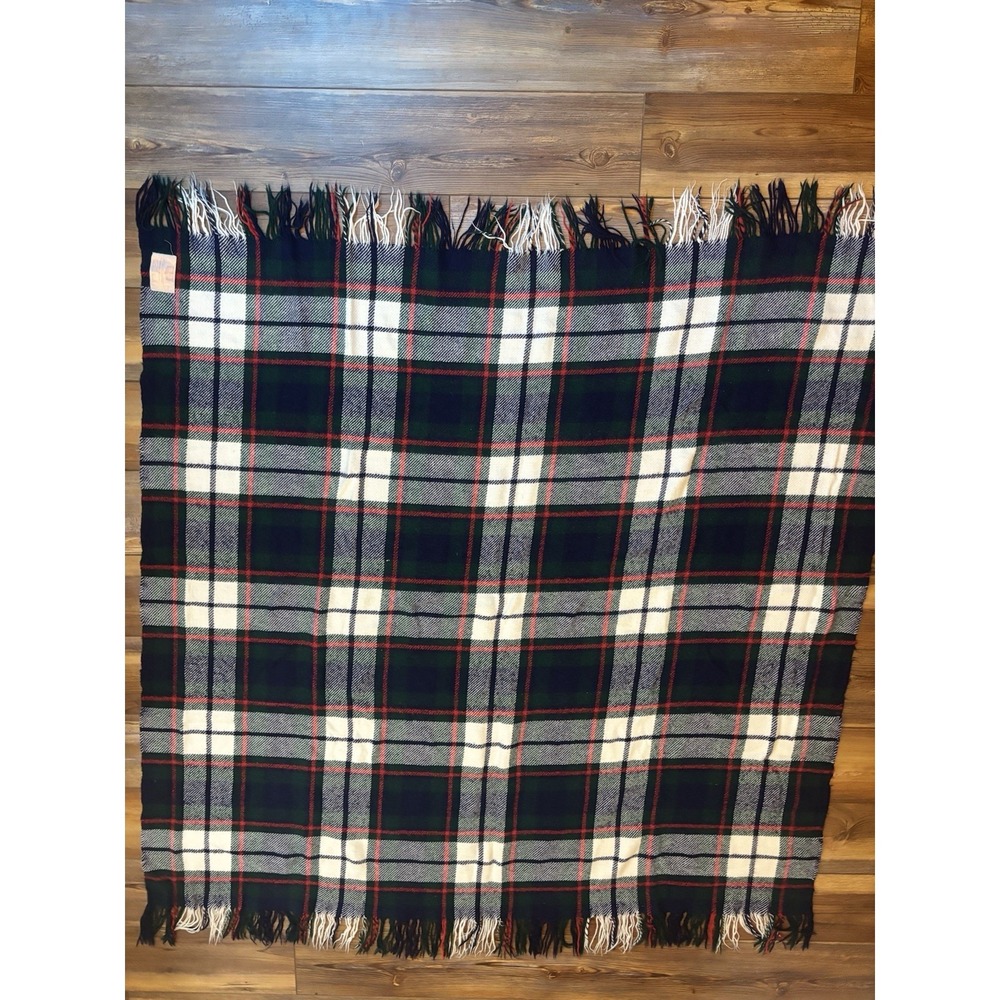 Troy Stadium Blanket Blue Red Plaid Made in USA Acrylic Knit Fringe Vtg